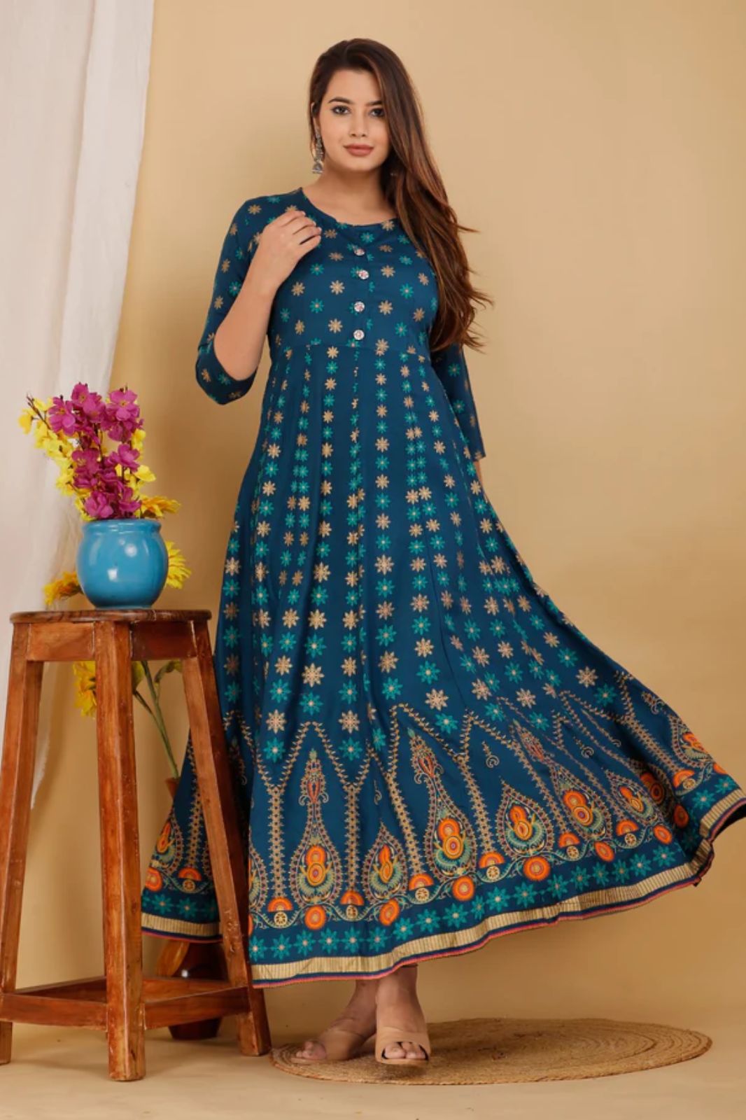 Dark Blue Floral Print Anarkali Dress