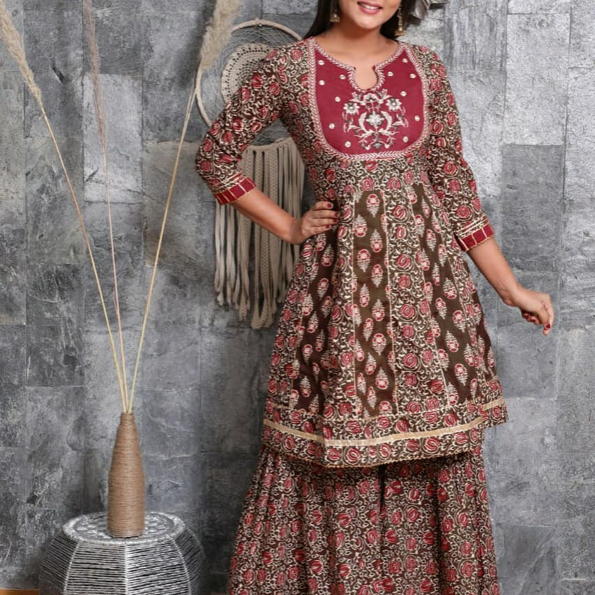 Heavy Taj Cotton Embroidery Kurti With Beautiful Sharara Set