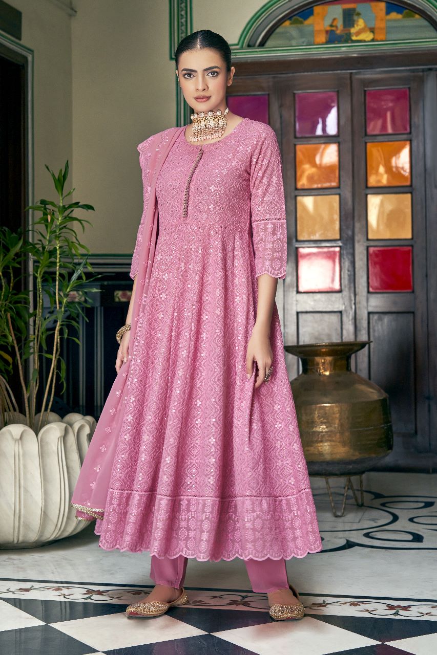 Georgette Anarkali 3-Piece Set with Heavy Embroidery and Cotton Mulmul Lining