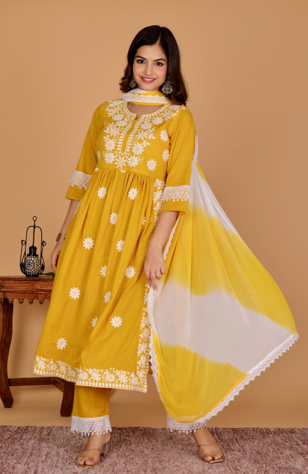 Yellow Beautiful Pakistani Chicken Embroidery Nayra Cut Kurti Pant Set