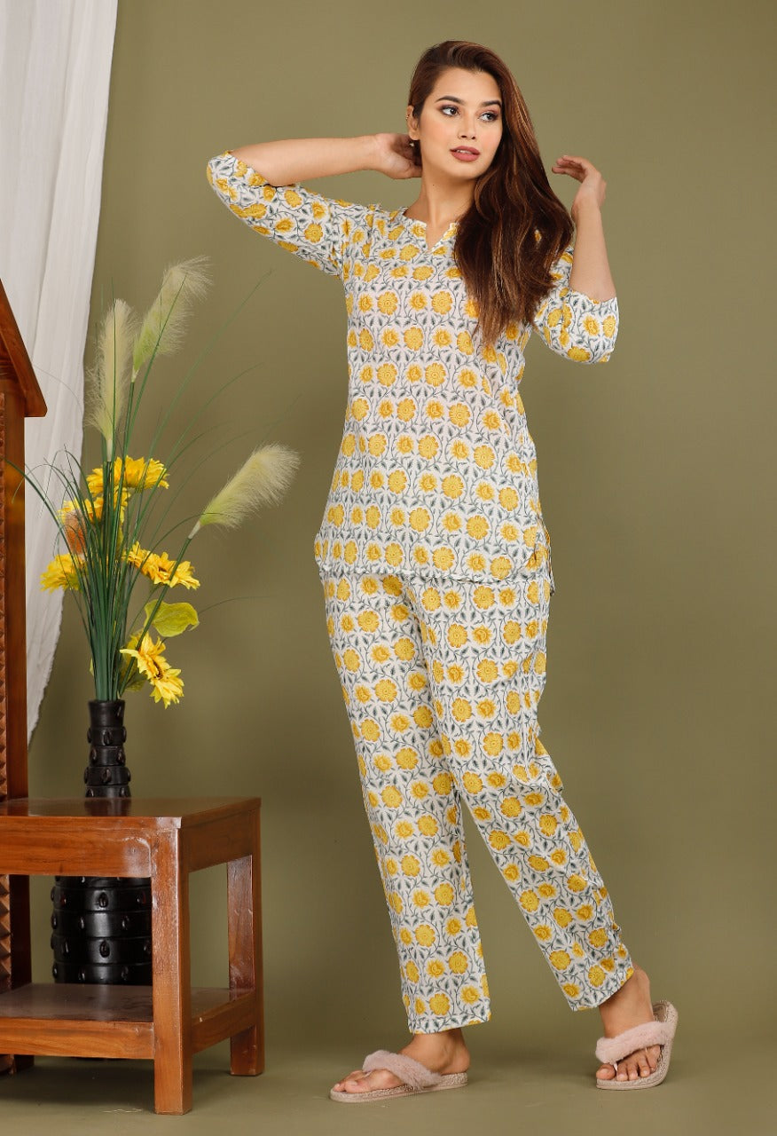 mustard & white floral print Night wear