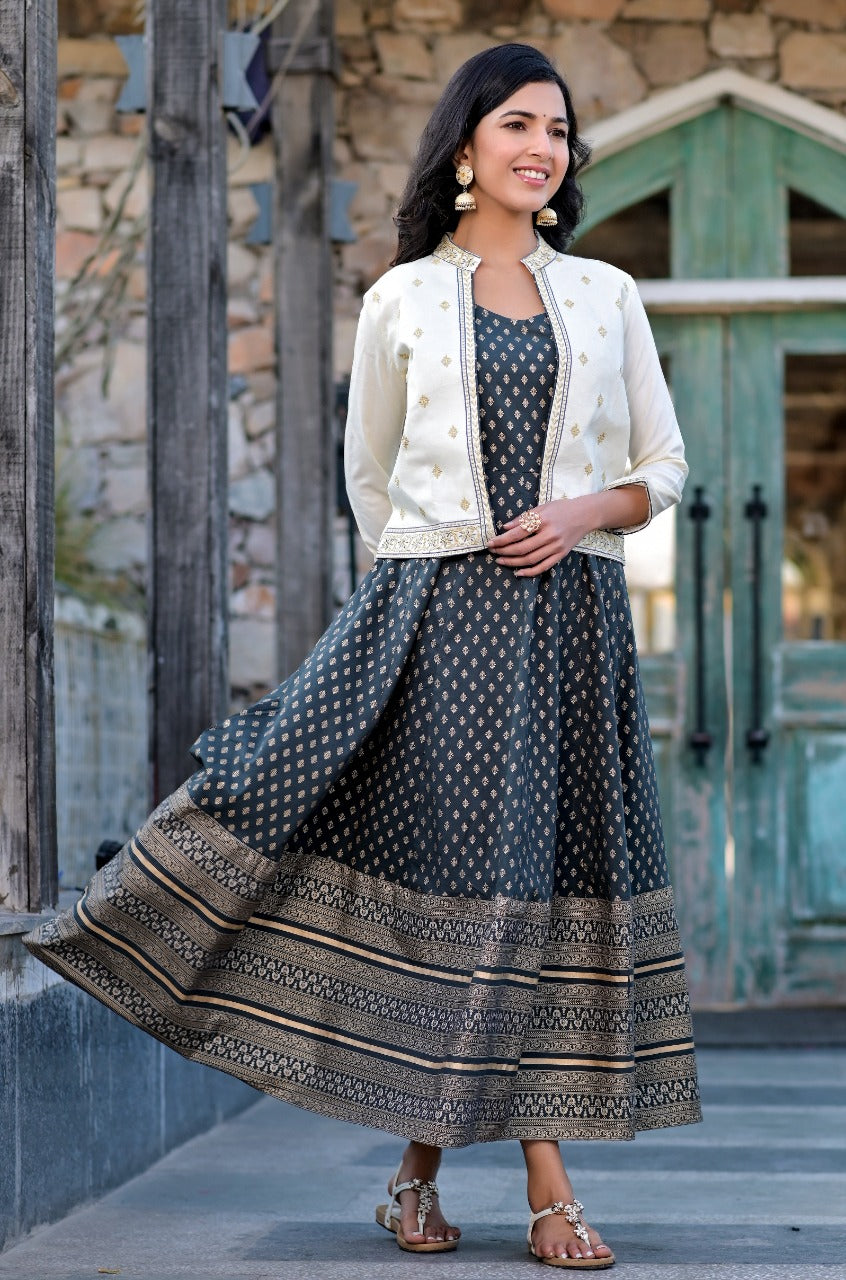 Navy Blue Grey Designer Gown With Separate Jacket