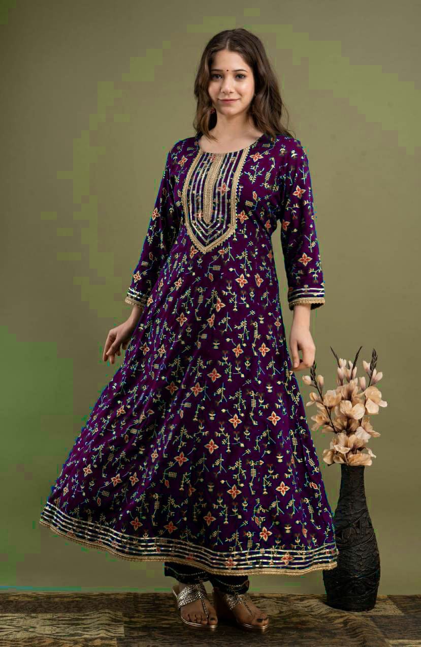 Purple Rayon embroidery Anarkali set